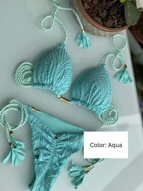 Aqua Brazilian Lace Bikini Set | Triangle Tie-Side Swimwear